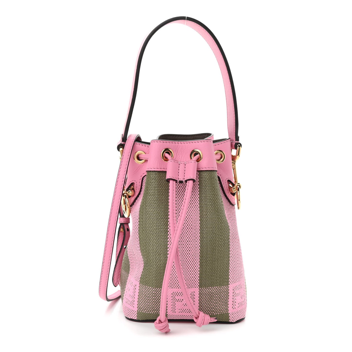 Raffia Vitello Seta F is Fendi Pequin Gingham Woven Mini Mon Tresor Bucket Bag Military Rosa Lollypop