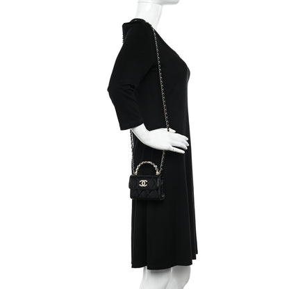 Chanel Shiny Crumpled Lambskin Quilted Pearl Small Top Handle Clutch With Chain Black 2 of 12