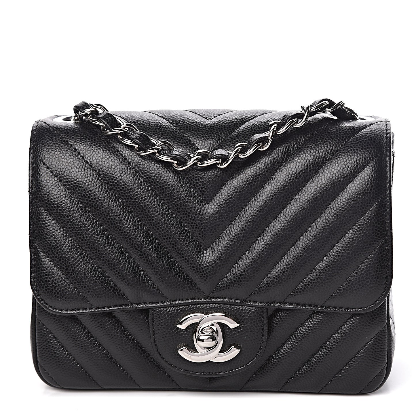 Caviar Chevron Quilted Mini Square Flap Black