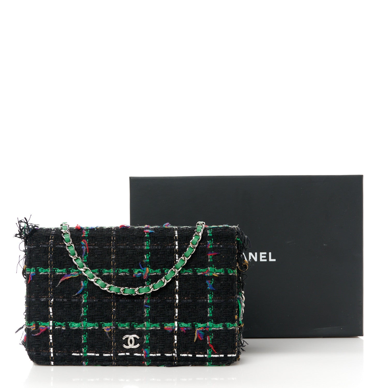 Chanel Tweed Fringe Wallet On Chain WOC Black Green 12 of 12