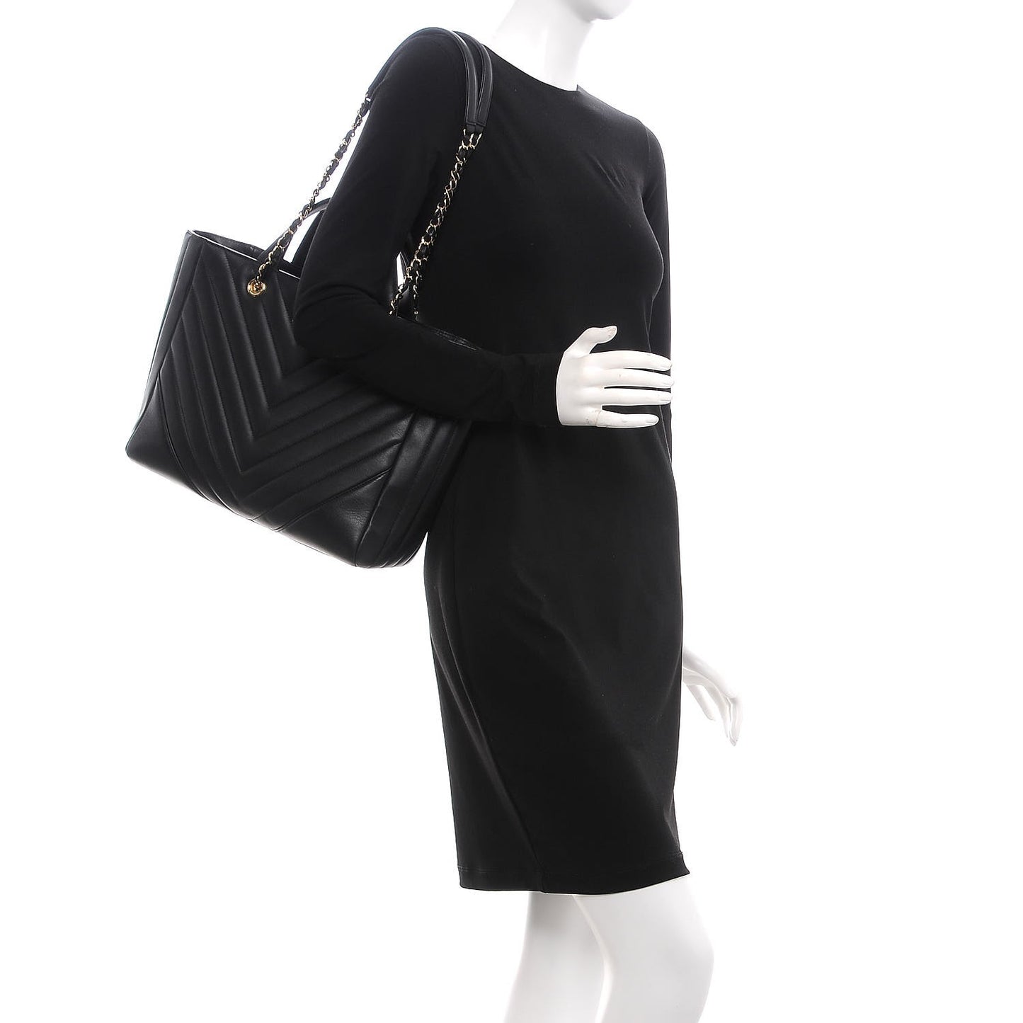 Calfskin Chevron Quilted Large Shopping Tote Black