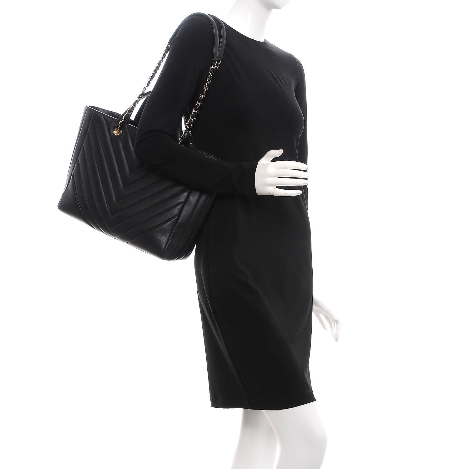 Chanel Calfskin Chevron Quilted Large Shopping Tote Black 2 of 8
