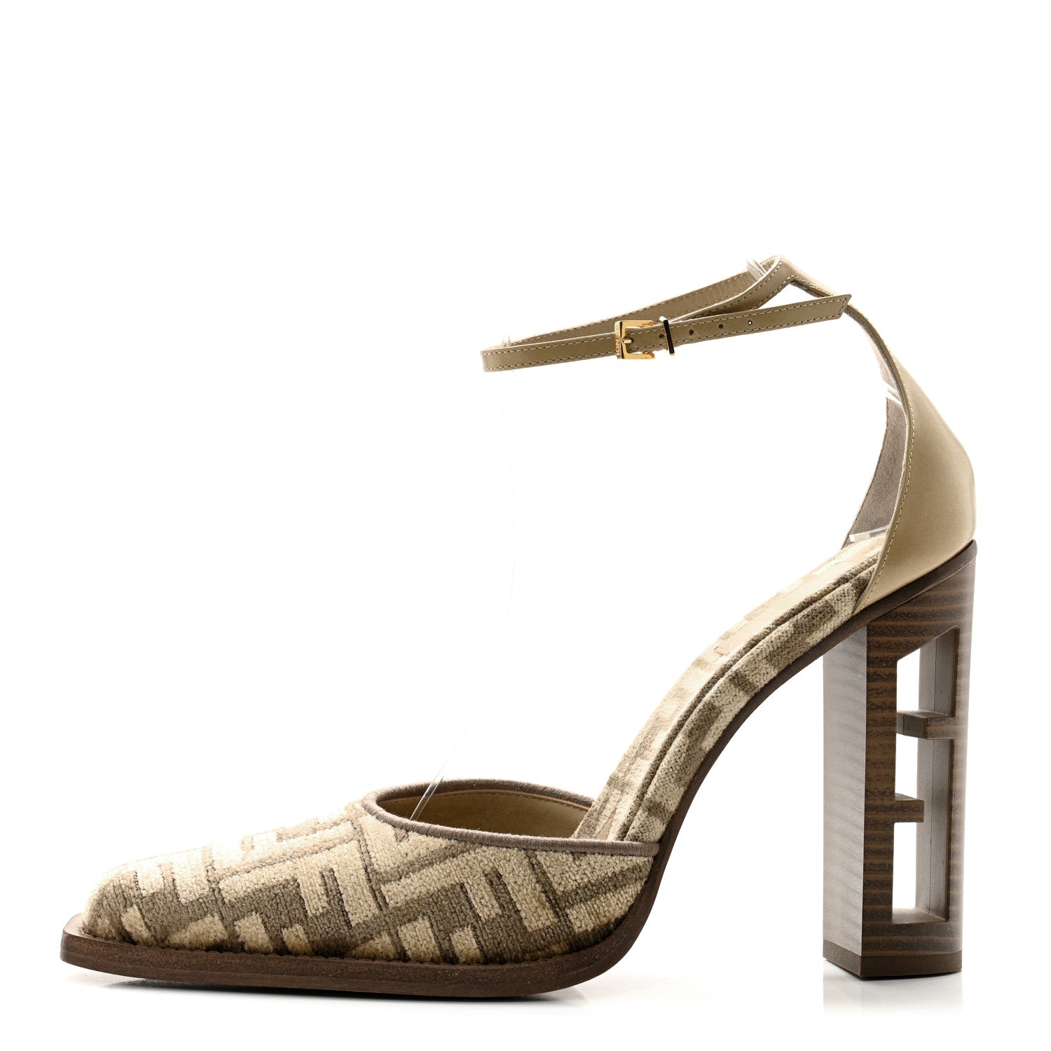Fendi Chenille Jacquard FF Cut Baguette Ankle Strap 105mm Pumps 39 Tortora Nuvola 1 of 11