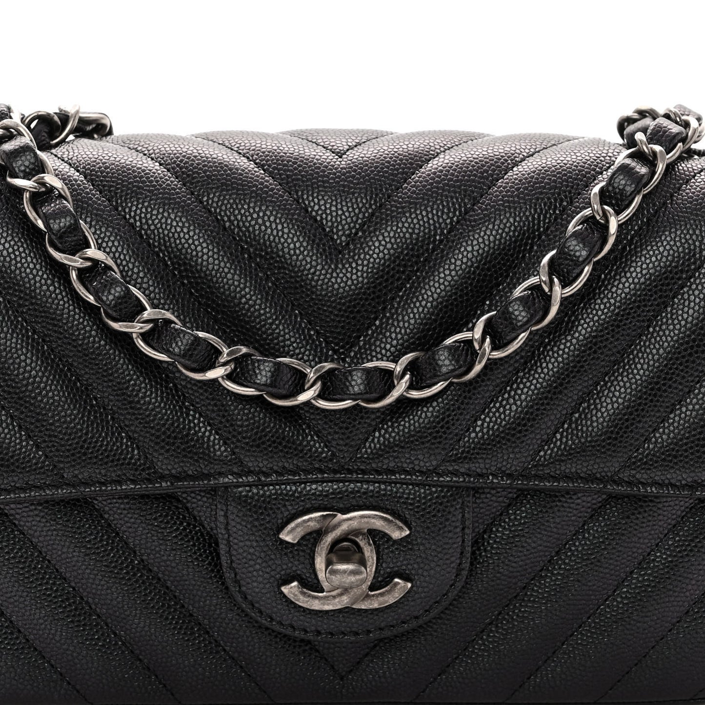 Iridescent Caviar Chevron Quilted Mini Rectangular Flap Black