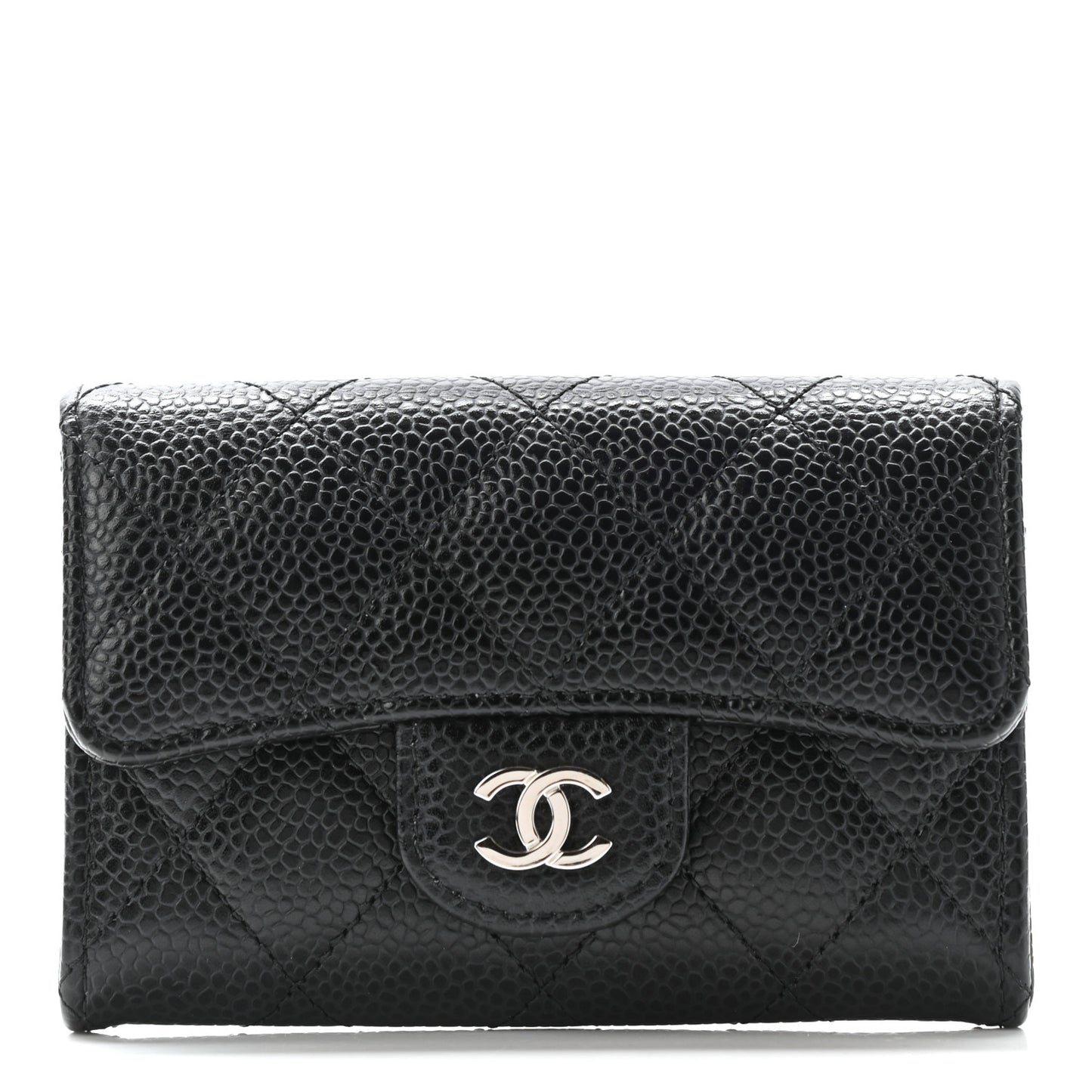 Caviar Quilted Flap Card Holder Wallet Black