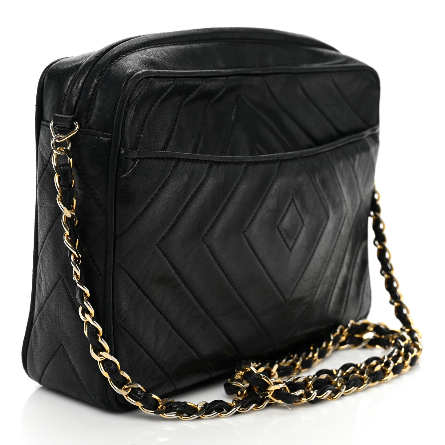 Lambskin Chevron Quilted Tassel Camera Case Black