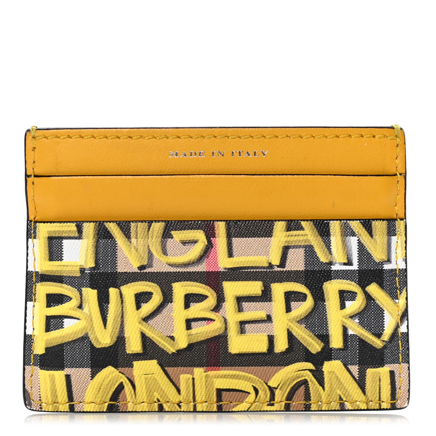 Burberry Calfskin Vintage Check Graffiti Print Card Holder Yellow 1 of 5