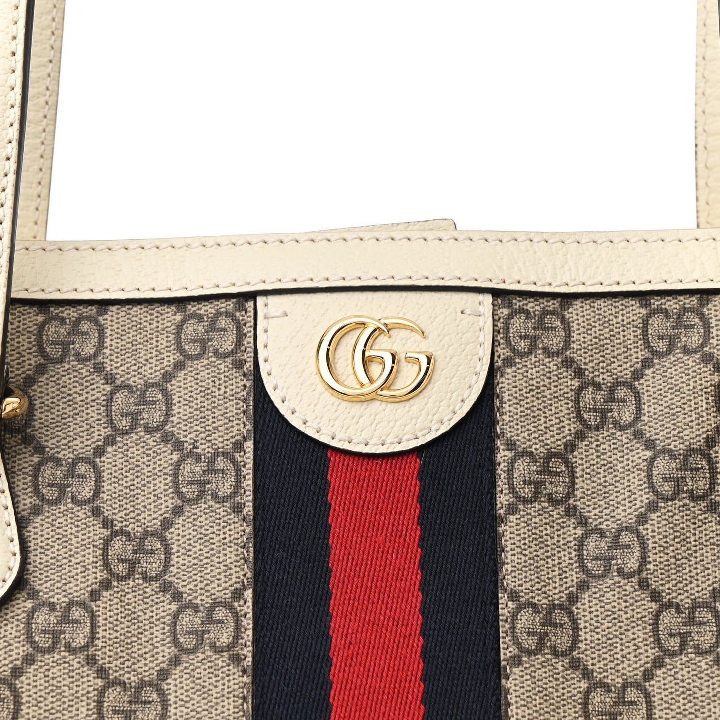 GG Supreme Monogram Textured Dollar Calfskin Web Medium Ophidia Shopping Tote Beige Ebony Mystic White