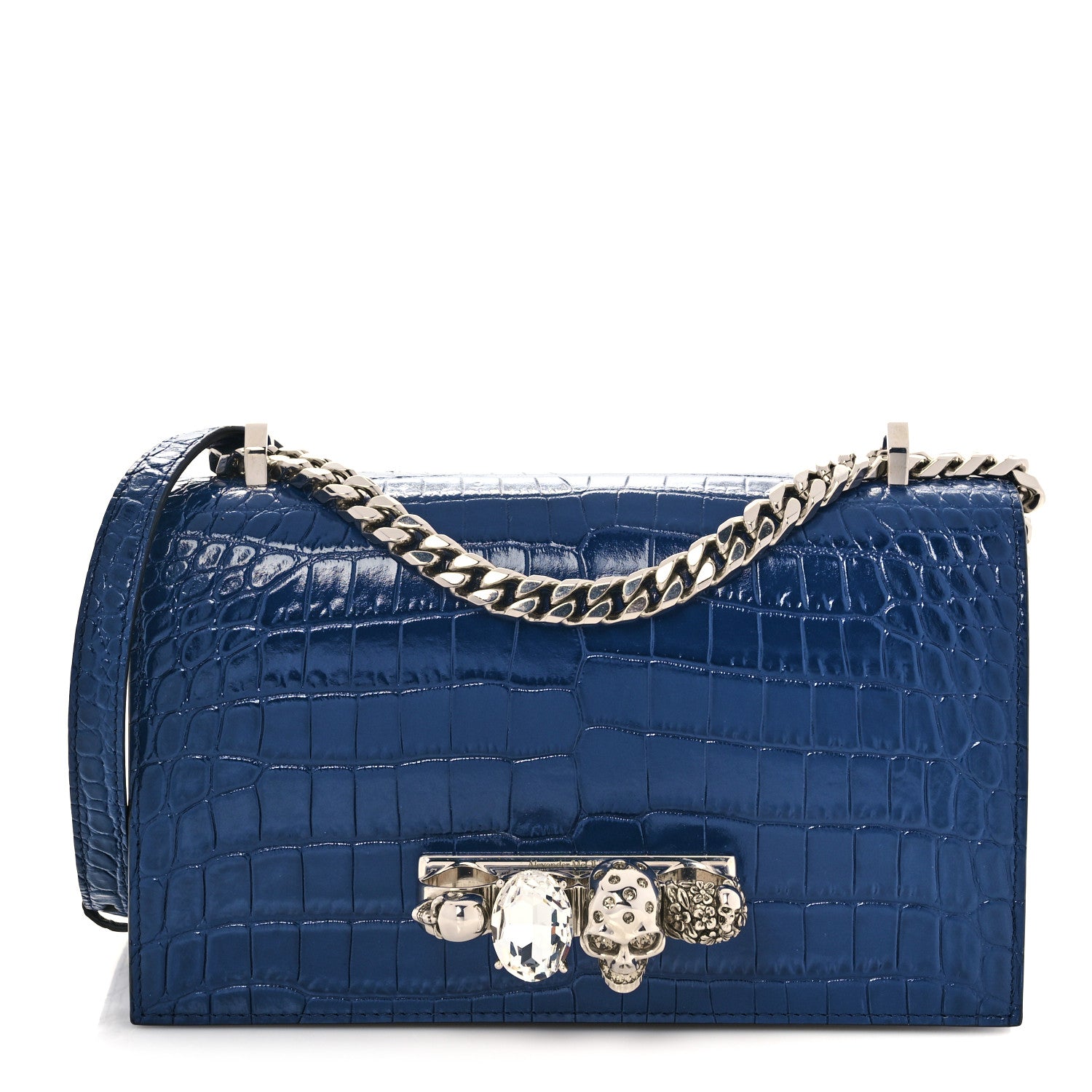 Alexander McQueen Shiny Crocodile Embossed Jeweled Satchel Industrial Blue 1 of 10