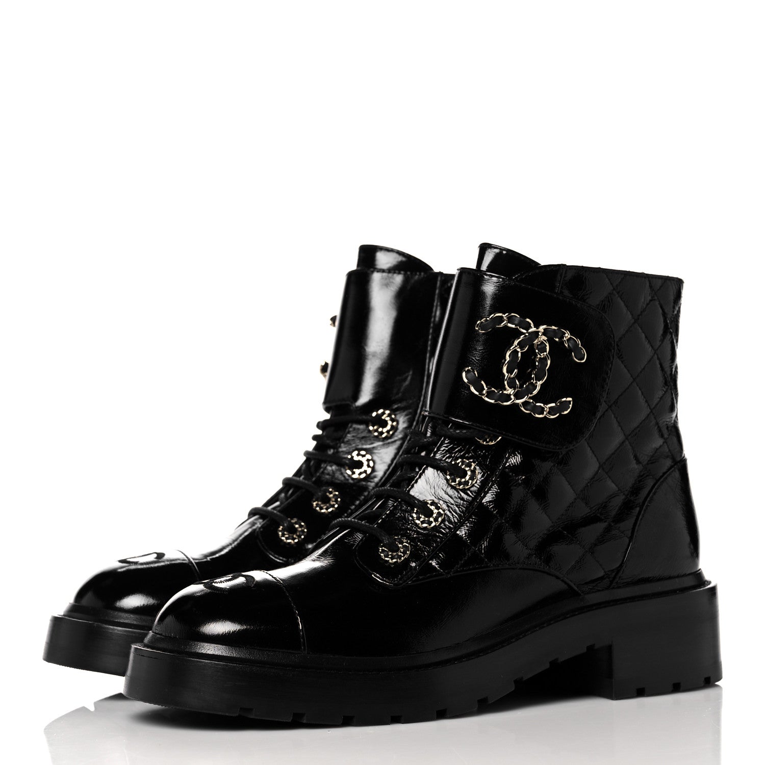 Chanel Shiny Calfskin Quilted Lace Up Combat Boots 38 Black 3 of 9