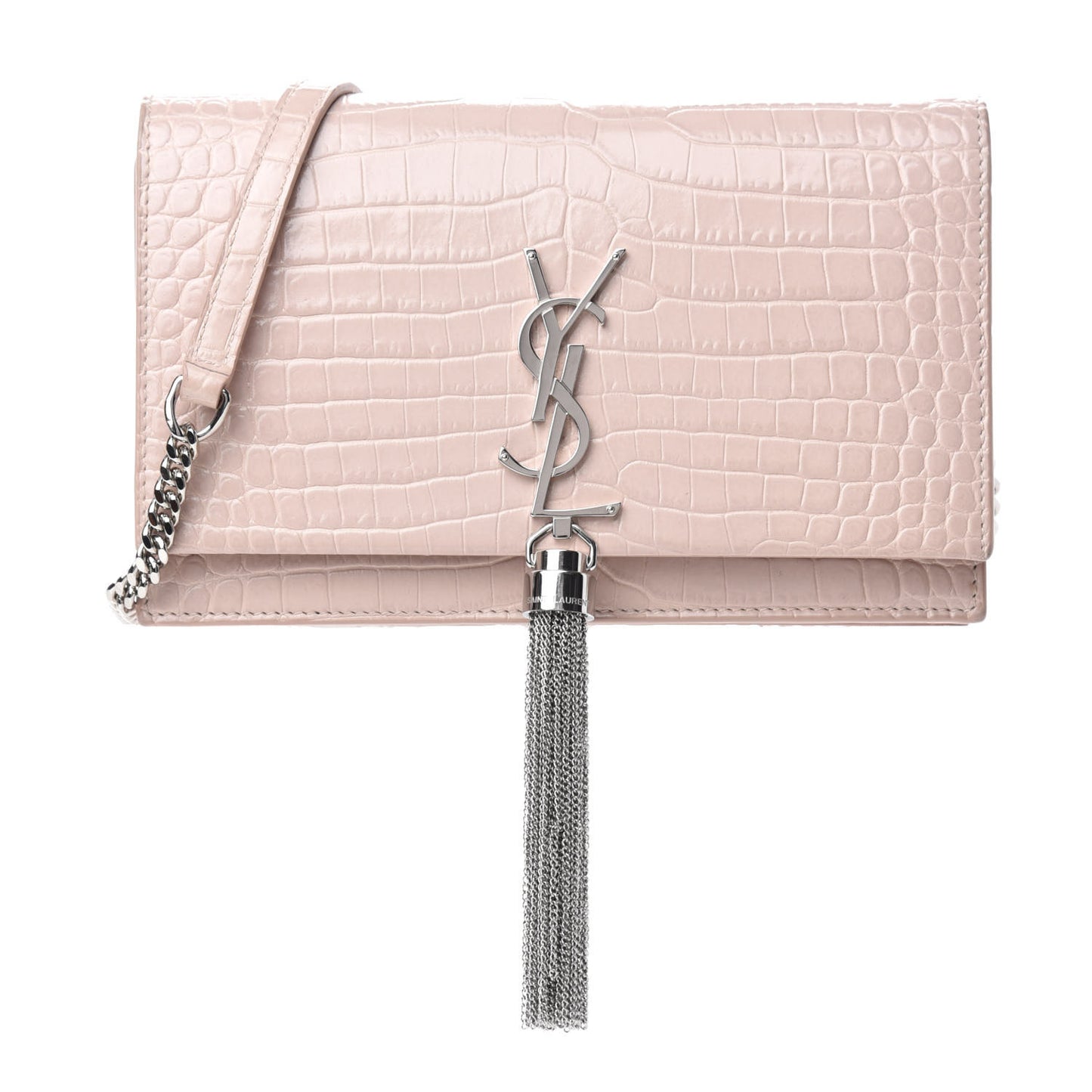 Calfskin Crocodile Embossed Kate Monogram Tassel Chain Wallet Powder Pink