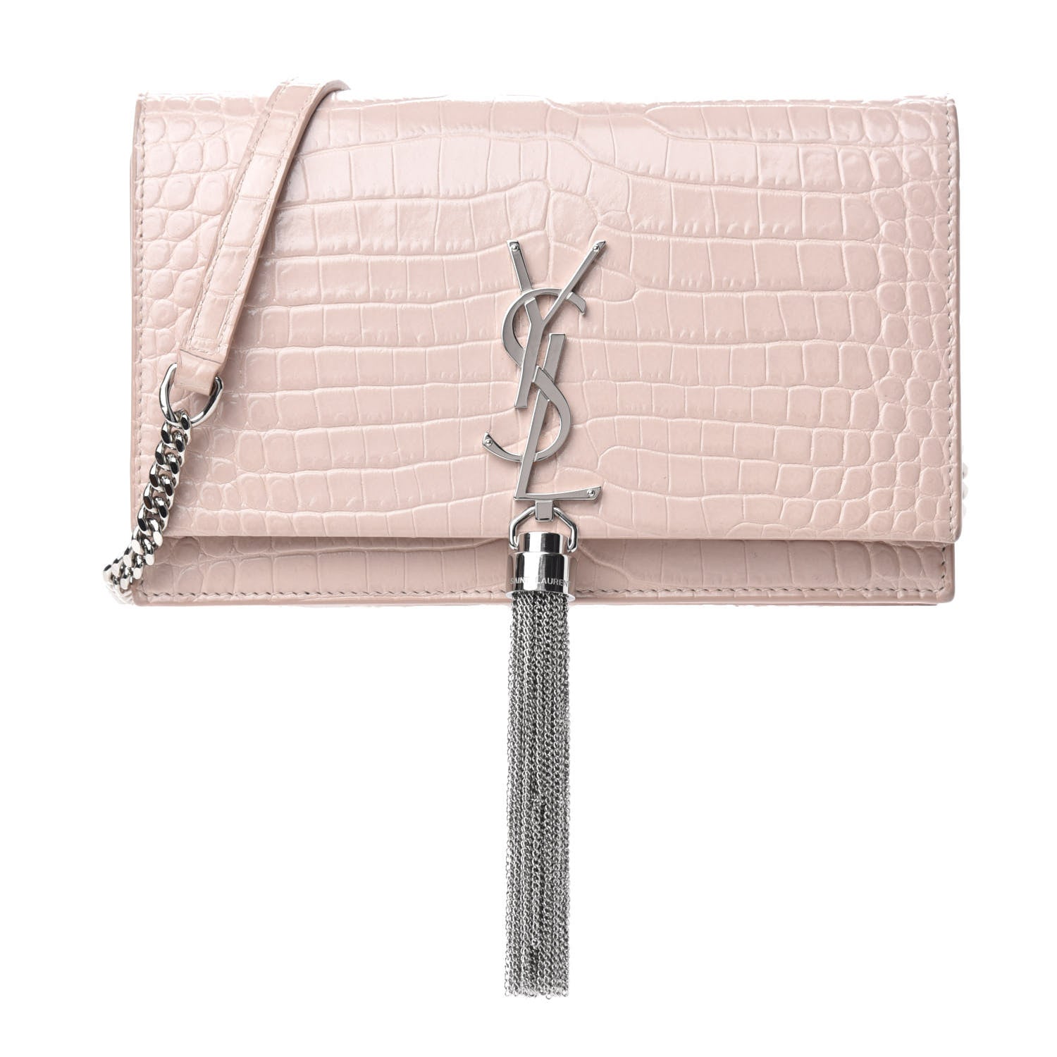 Saint Laurent Calfskin Crocodile Embossed Kate Monogram Tassel Chain Wallet Powder Pink 1 of 9