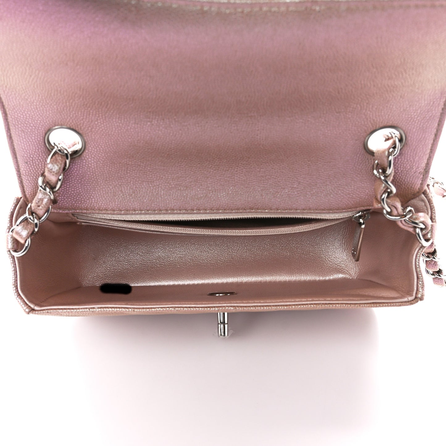 Iridescent Caviar Chevron Quilted Mini Rectangular Flap Light Gold