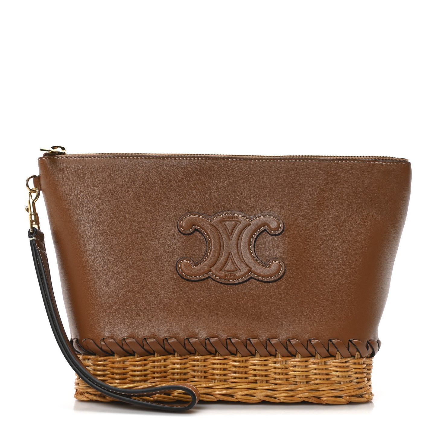Calfskin Wicker Triomphe Wristlet Pouch Tan Natural