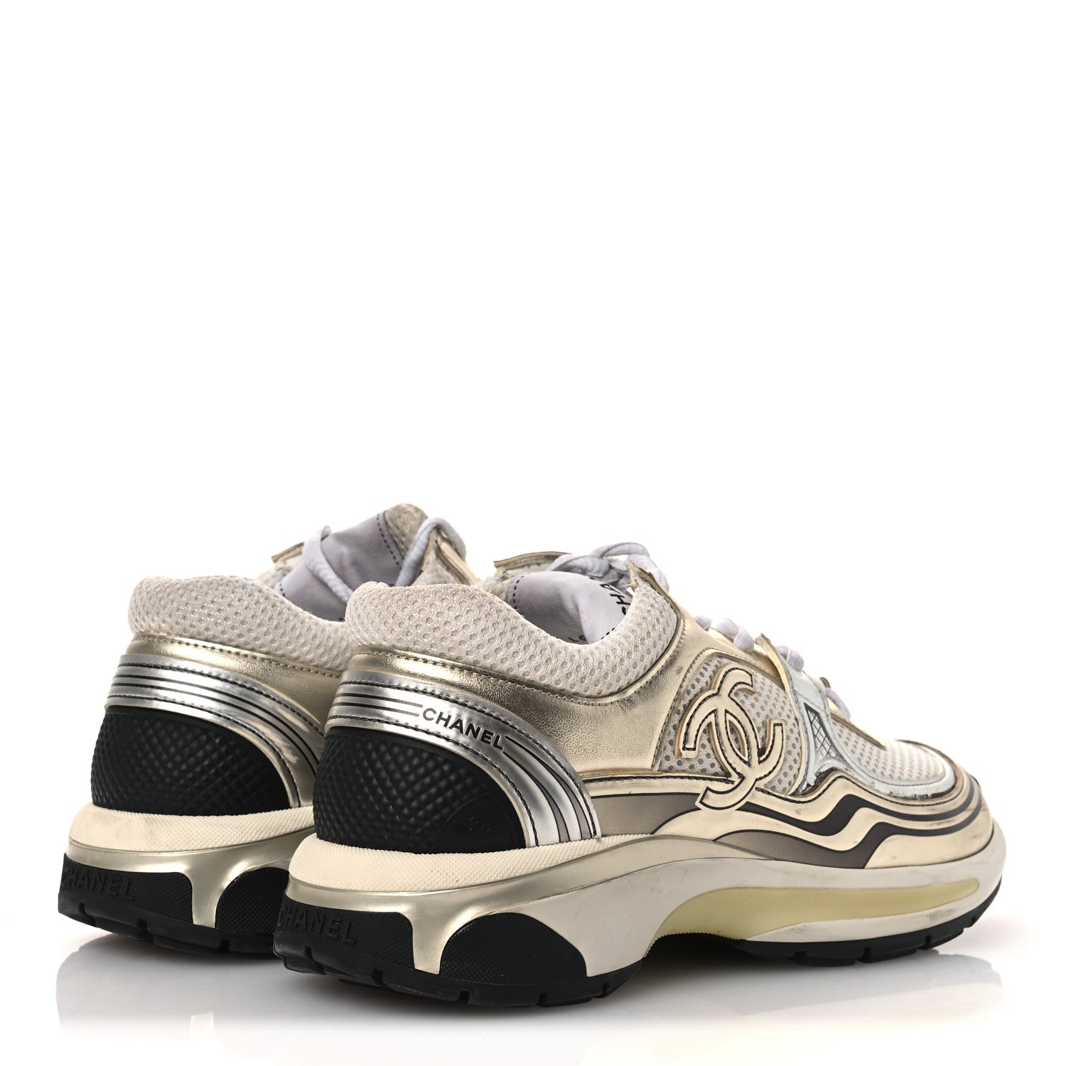 Chanel Fabric Laminated Calfskin Stretch CC Sneakers 37 White Gold Silver 5 of 18