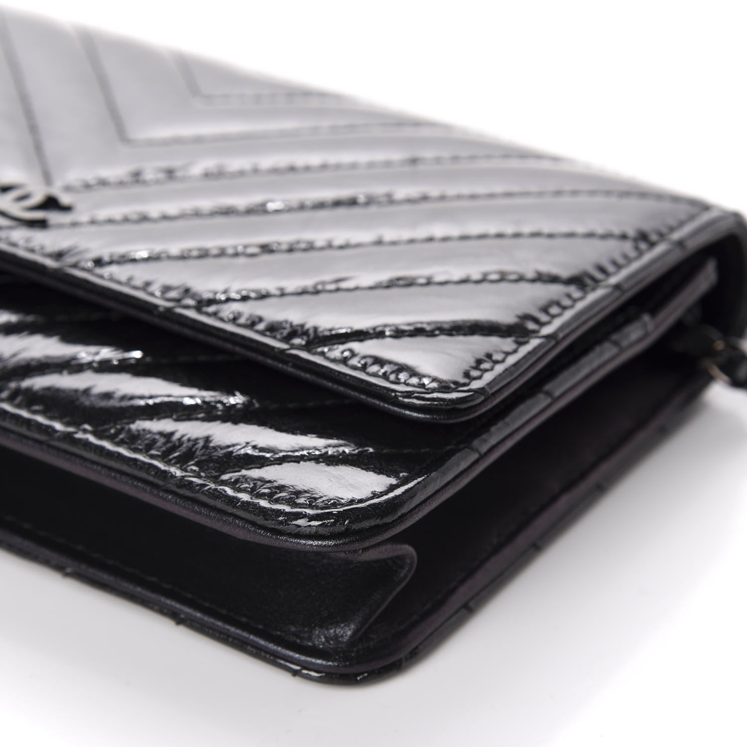 Chanel Patent Metallic Crumpled Calfskin Chevron Quilted Wallet On Chain WOC Black 7 of 12