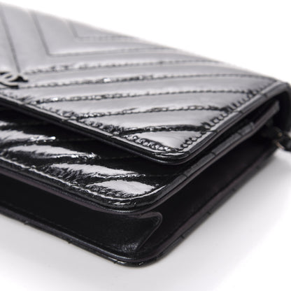 Chanel Patent Metallic Crumpled Calfskin Chevron Quilted Wallet On Chain WOC Black 7 of 12