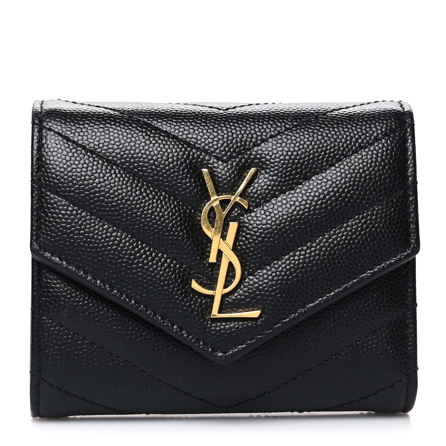 Saint Laurent Grain De Poudre Matelasse Chevron Monogram Compact Tri Fold Wallet Black 1 of 13