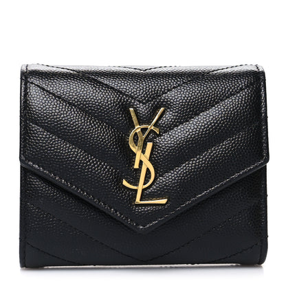 Saint Laurent Grain De Poudre Matelasse Chevron Monogram Compact Tri Fold Wallet Black 1 of 13