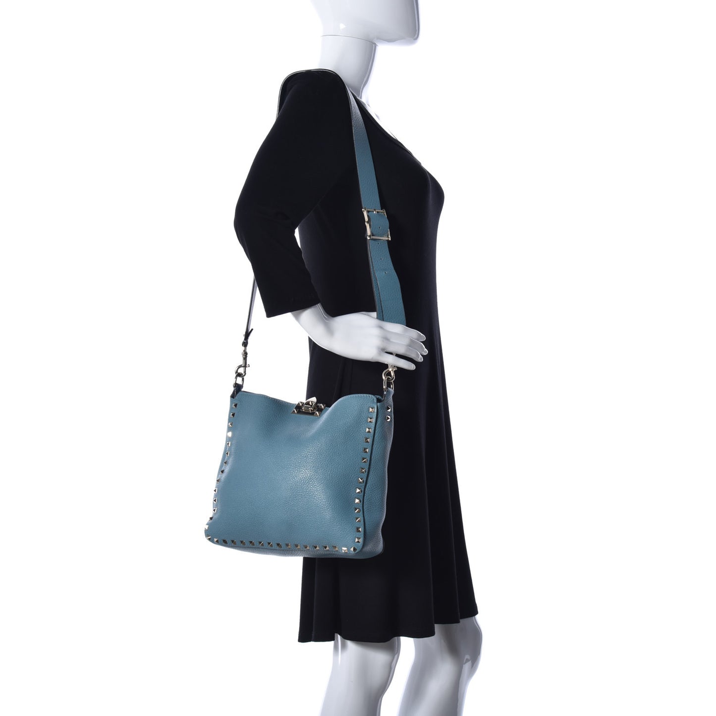 Pebbled Calfskin Small Rockstud Flip-Lock Messenger Bag Light Blue