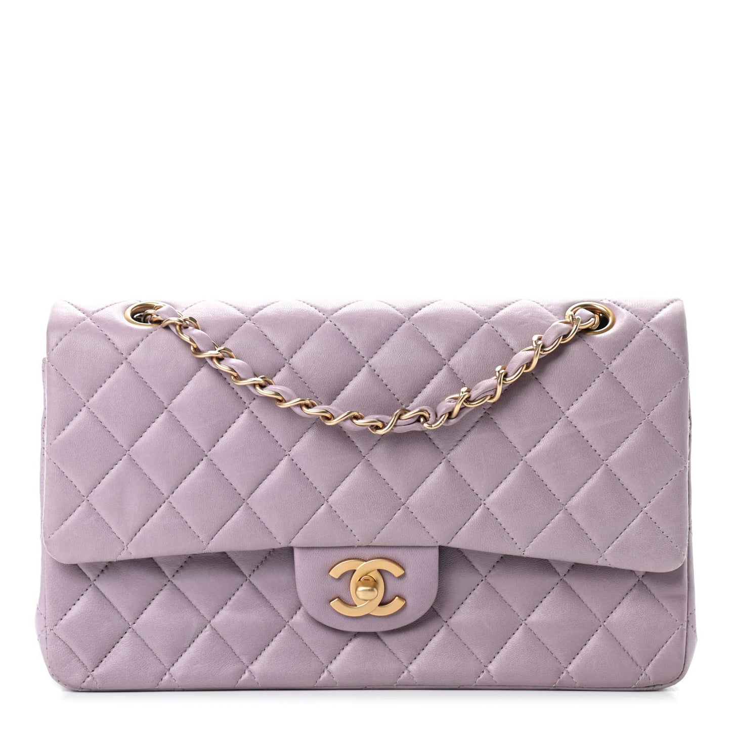 Lambskin Quilted Medium Double Flap Light Purple