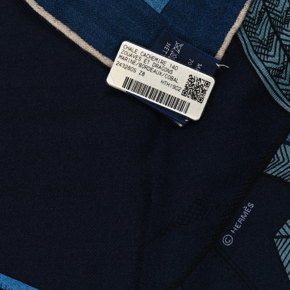 Hermes Cashmere Silk Zouaves Et Dragons Shawl 140 Marine Bordeaux Cobalt 3 of 3