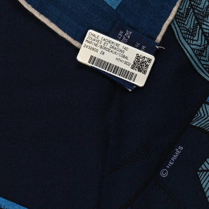 Hermes Cashmere Silk Zouaves Et Dragons Shawl 140 Marine Bordeaux Cobalt 3 of 3