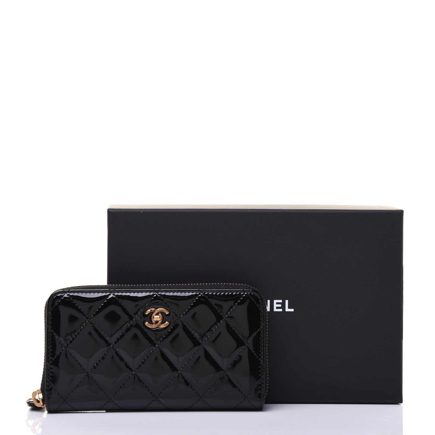 Patent Quilted Small Zip Around Wallet Black