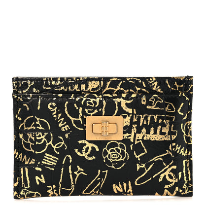 Chanel Calfskin Crocodile Embossed Graffiti 2.55 Cocodile Reissue Card Holder Black Gold 1 of 9