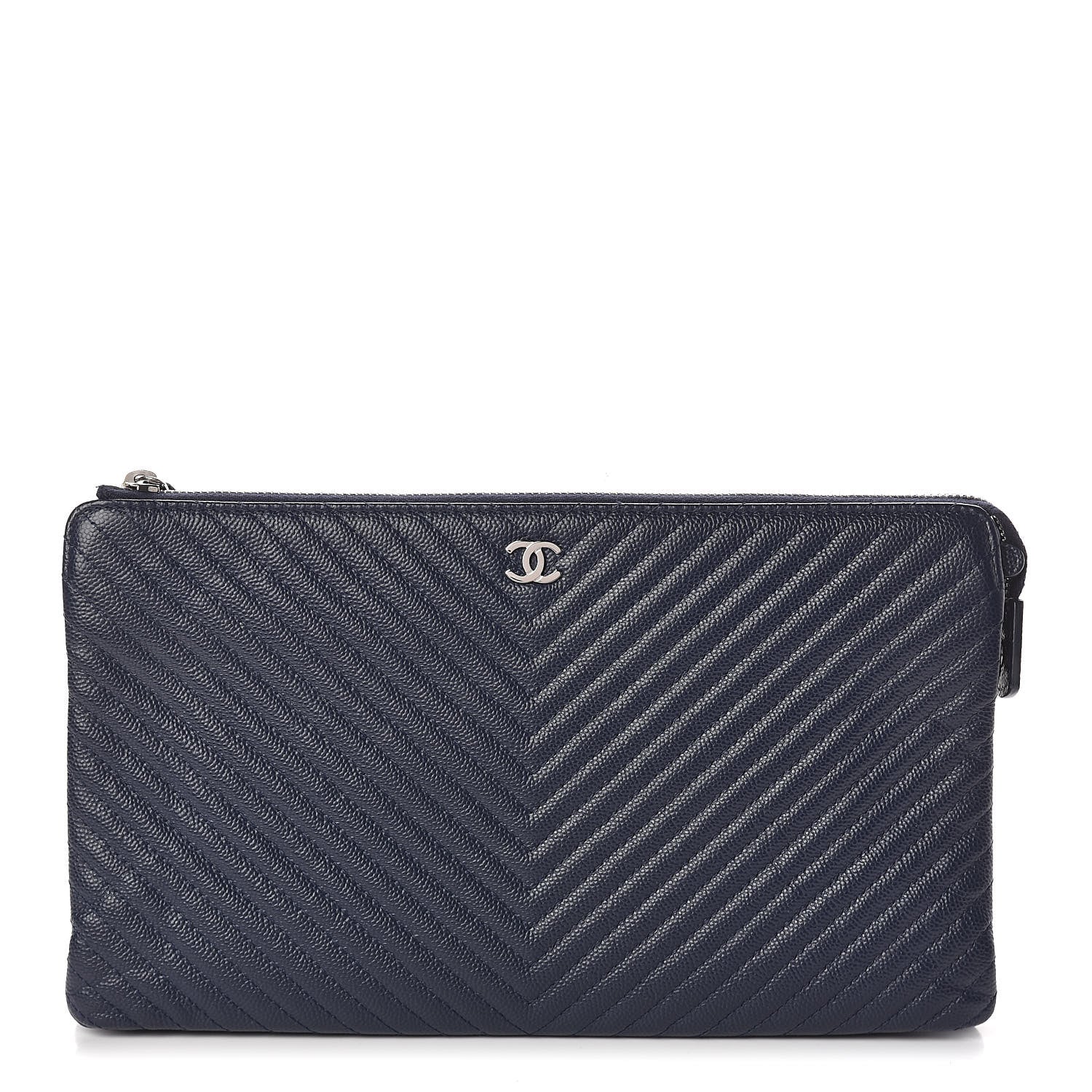 Chanel Caviar Chevron Quilted Small Zipped Pouch Navy 1 of 10