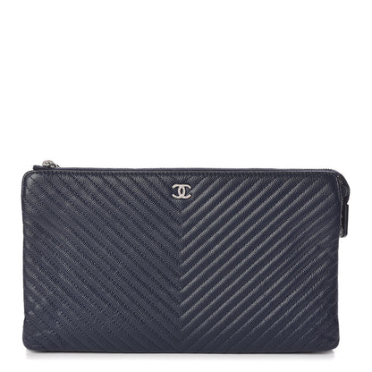 Chanel Caviar Chevron Quilted Small Zipped Pouch Navy 1 of 10