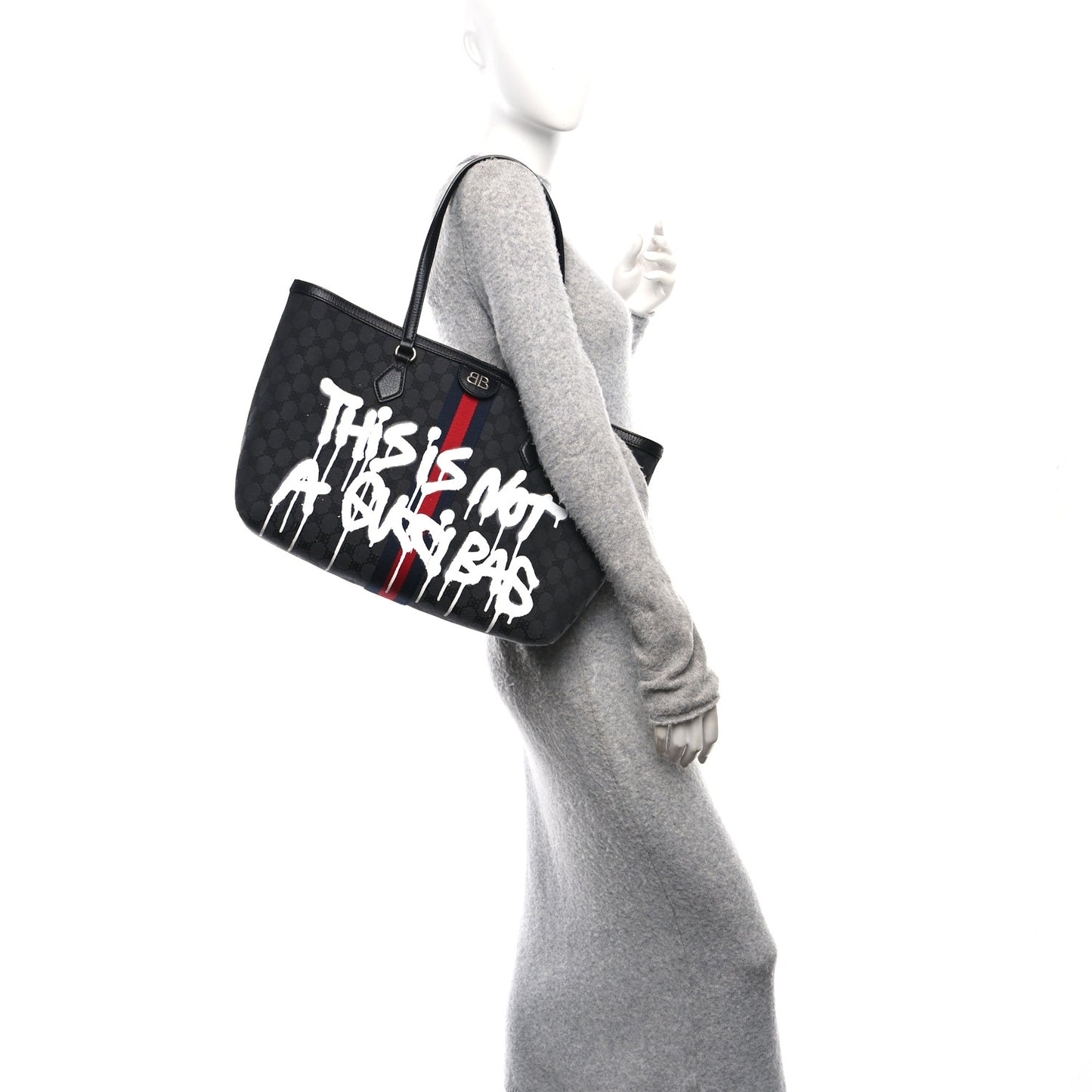 X BALENCIAGA BB Monogram Web Graffiti Medium Ophidia Shopping Tote Black
