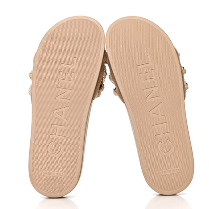 Chanel Felt Pearl Lambskin Chain Flat Sandals 38 Beige 5 of 8