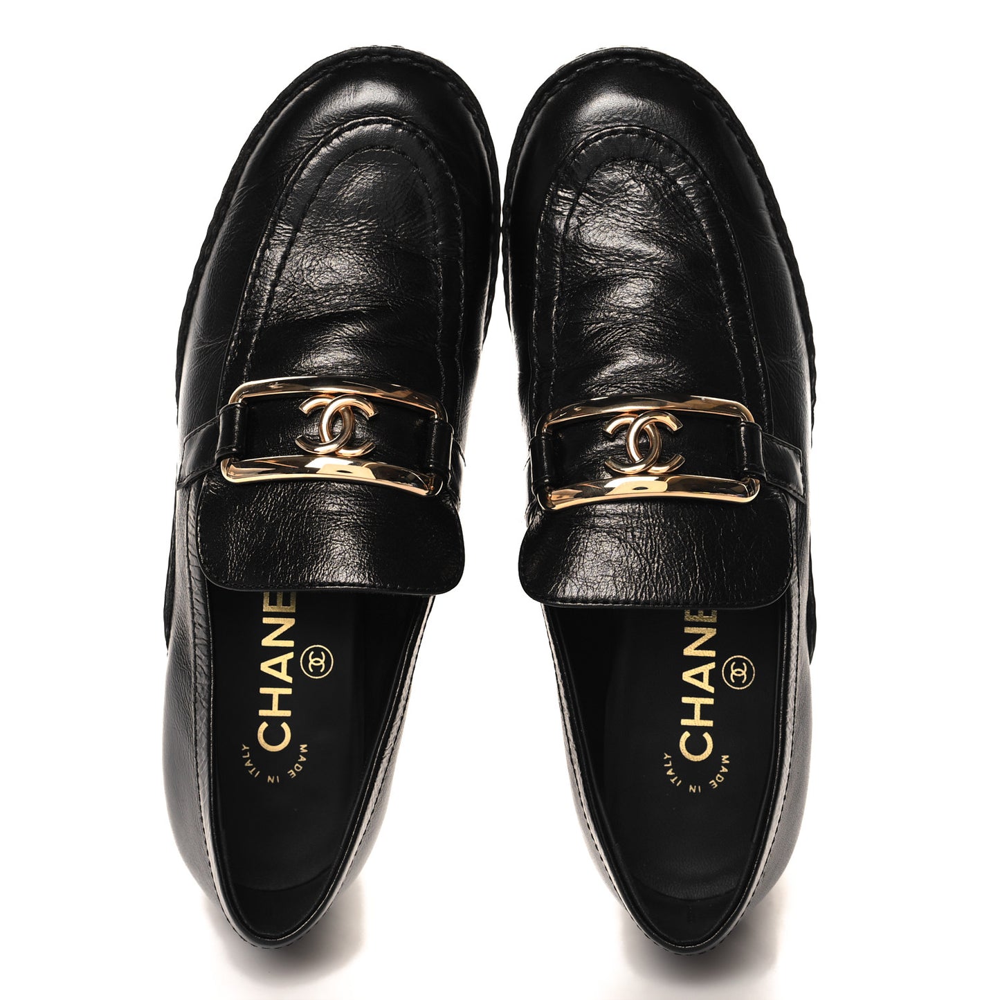 Shiny Calfskin Metal CC Loafers 37 Black