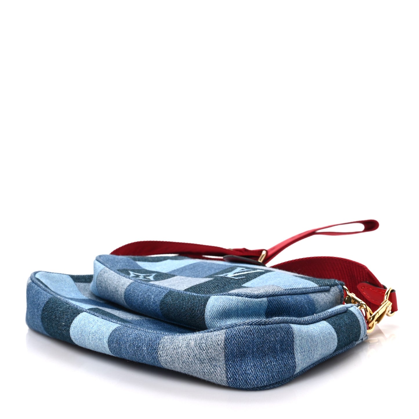 Denim Damier Monogram Patchwork Multi Pochette Accessories Blue Rouge
