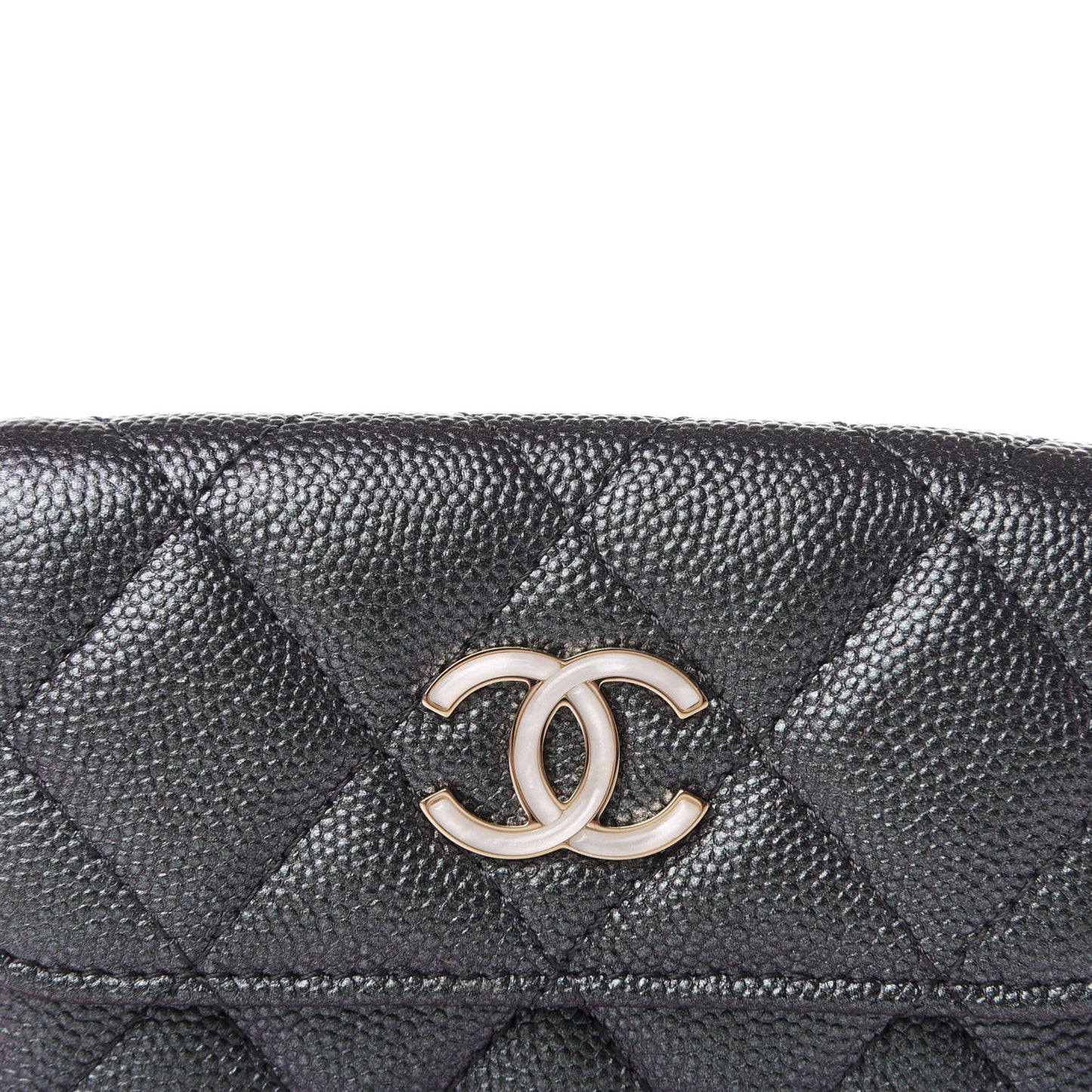 Iridescent Caviar Quilted Double Flap Wallet Black