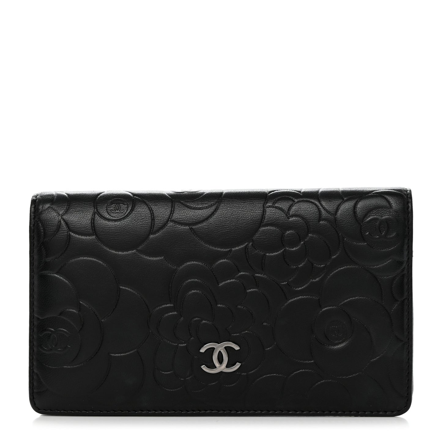 Lambskin Camellia Embossed Yen Wallet Black