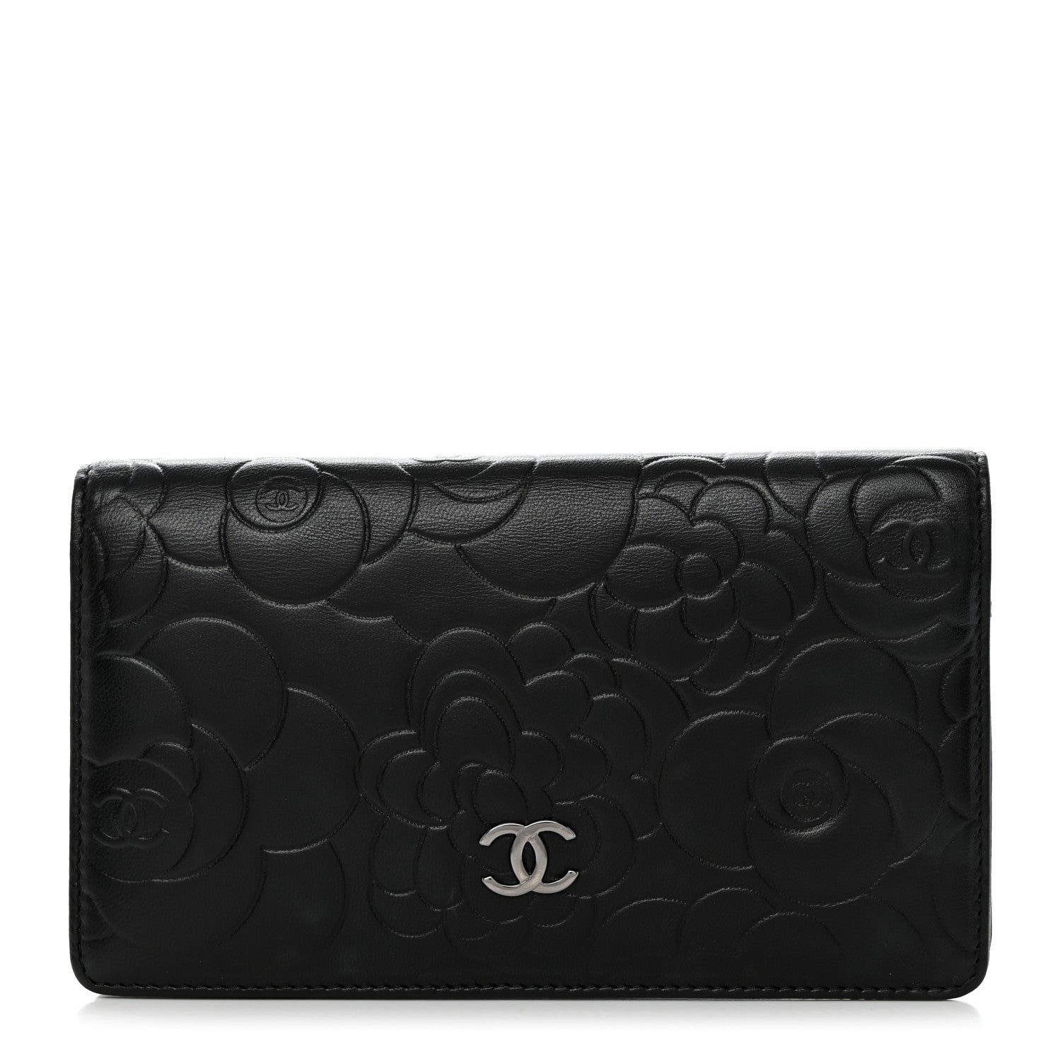 Chanel Lambskin Camellia Embossed Yen Wallet Black 1 of 7