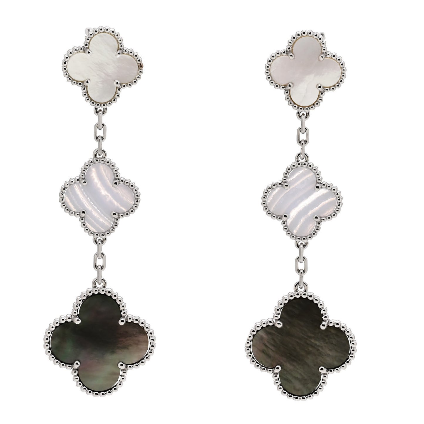 18K White Gold Mother of Pearl Chalcedony 3 Motifs Magic Alhambra Earrings