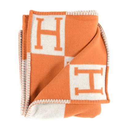 Hermes Wool Cashmere Signature Classic Avalon Blanket Ecru Potiron 2 of 3