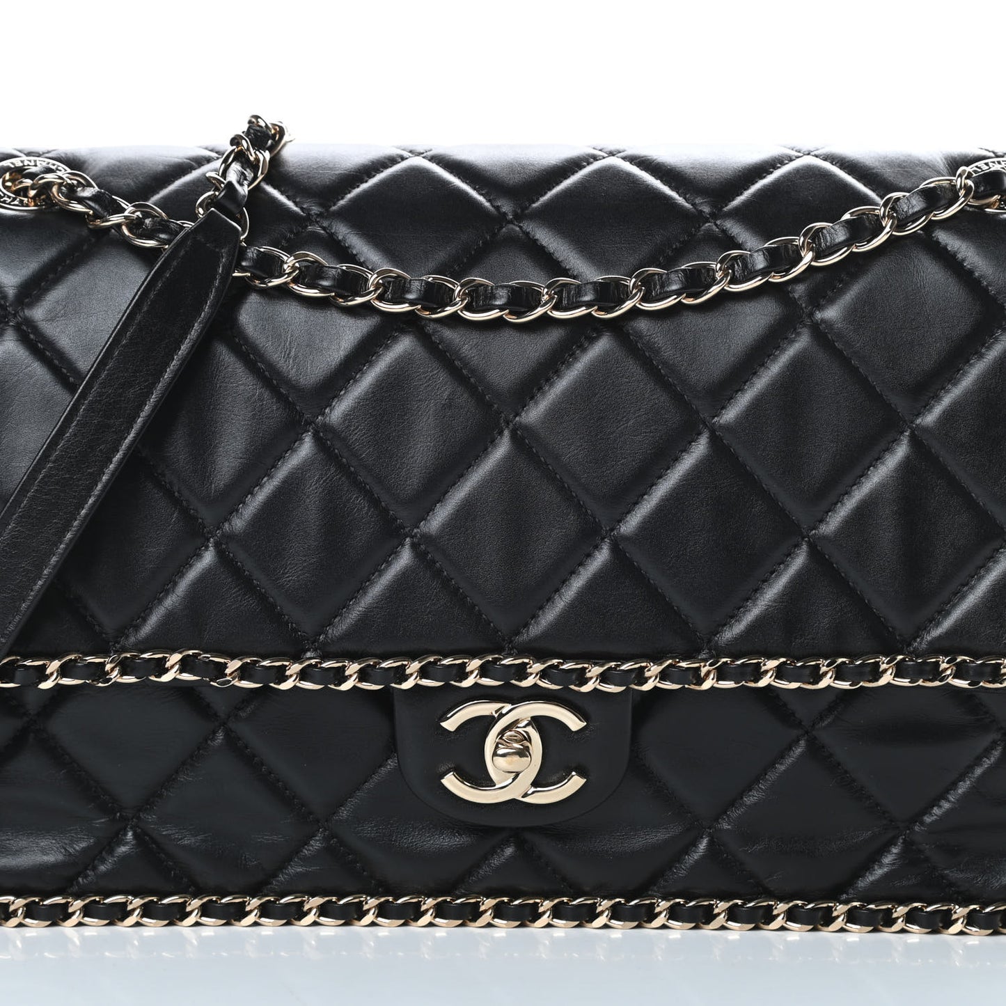 Crumpled Calfskin Quilted Large Chain All Over Flap Bag Black