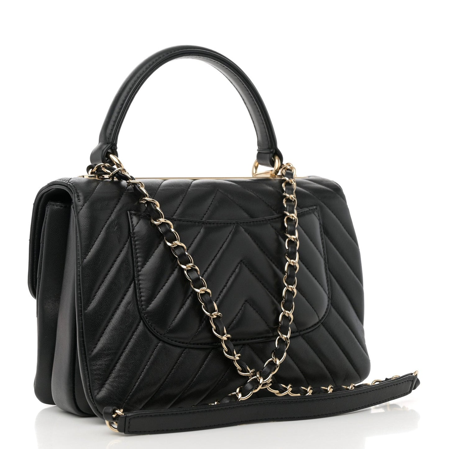 Lambskin Chevron Quilted Small Trendy CC Dual Handle Flap Bag Black