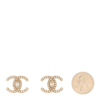 Chanel Pearl Marquise Crystal CC Earrings Gold White 2 of 5