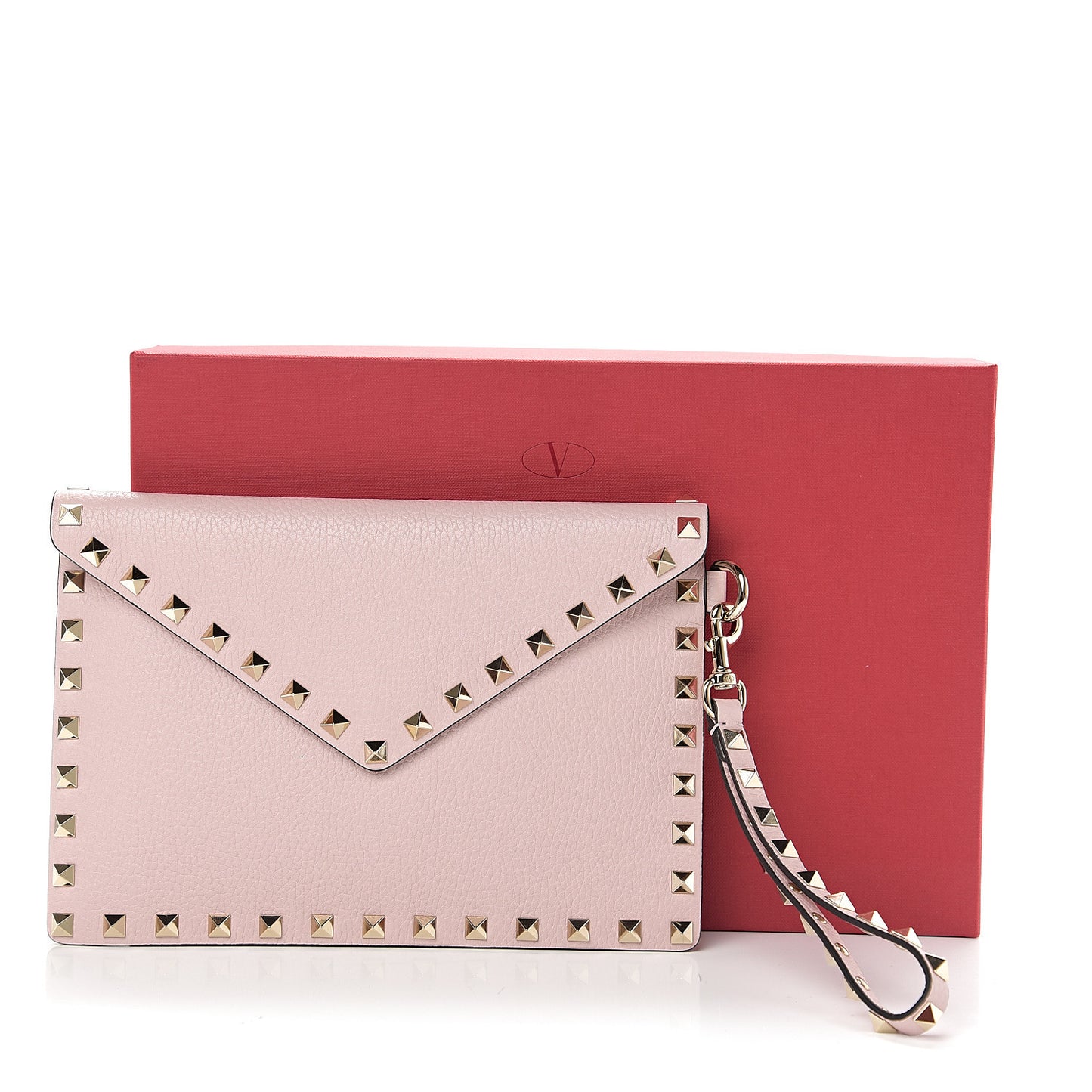 Pebbled Calfskin Medium Rockstud Envelope Flat Wristlet Pouch Water Rose