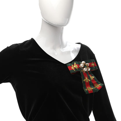 Gucci Ribbon Web Bow Bee Pearl Brooch Red Green 4 of 10