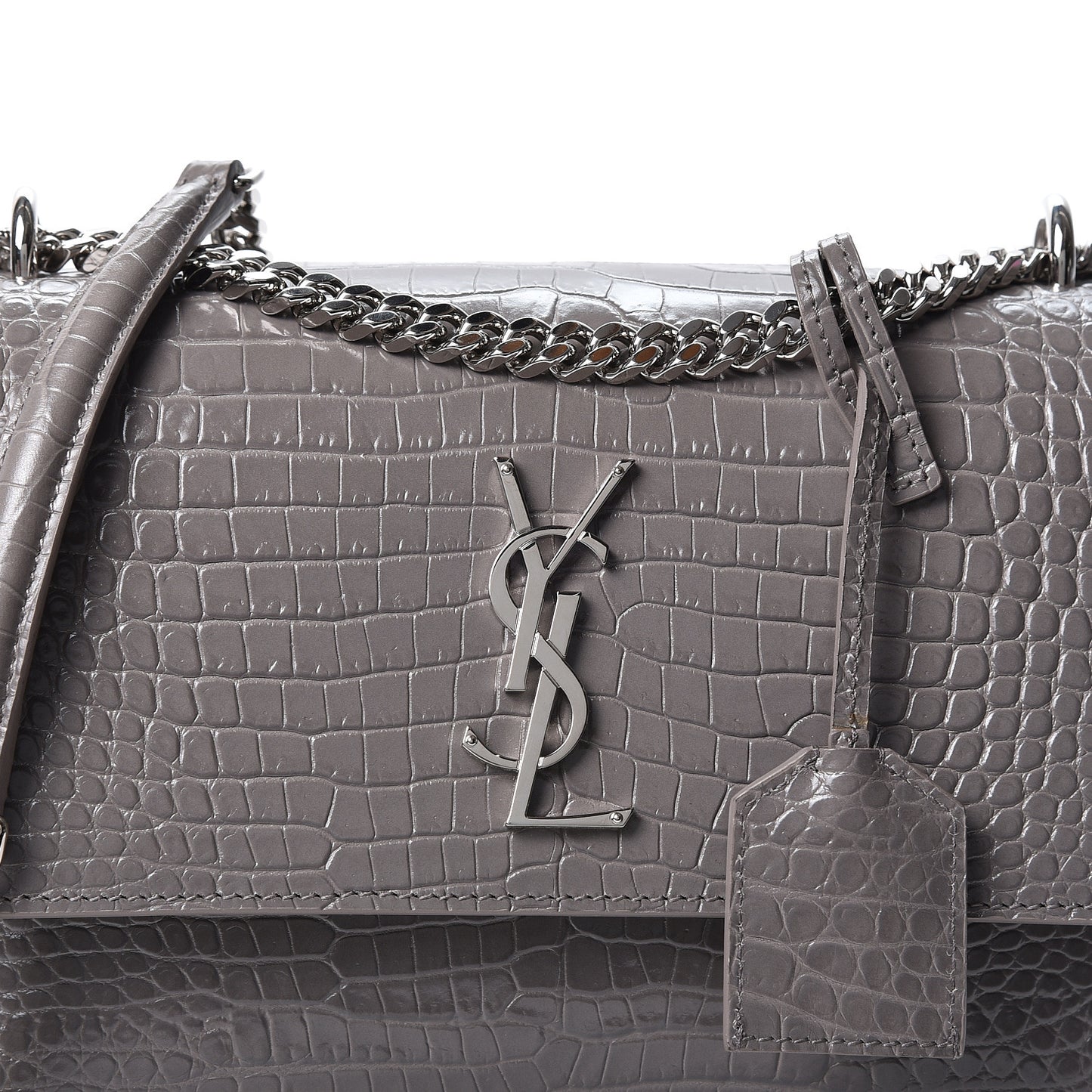 Calfskin Crocodile Embossed Medium Monogram Sunset Fog