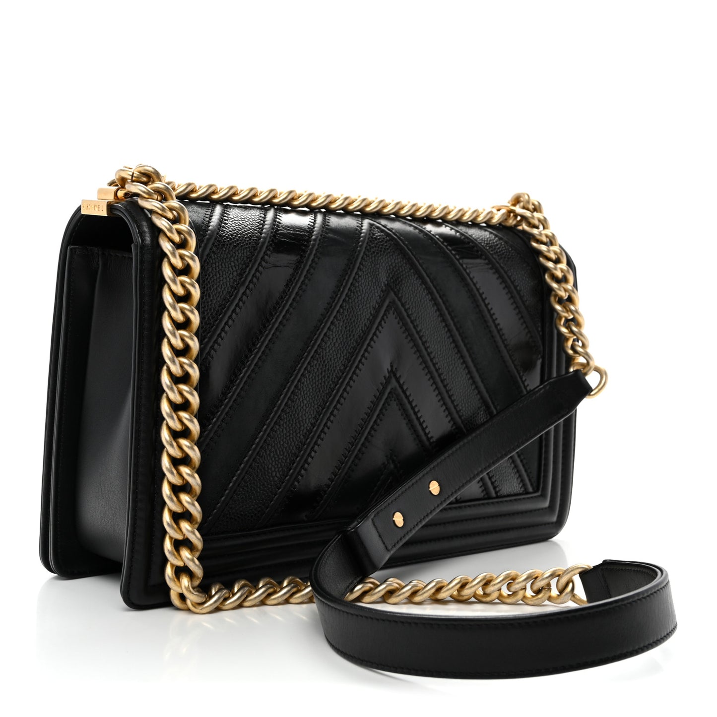 Calfskin Caviar Suede Chevron New Medium Boy Flap Black
