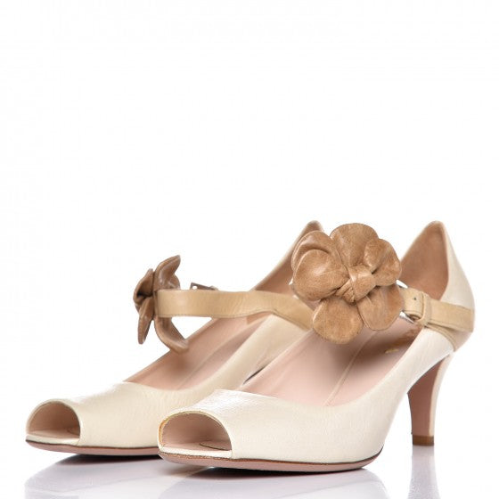 Prada Vitello Shine Lambskin Floral Mary Janes Heels 38.5 Ivory 3 of 18