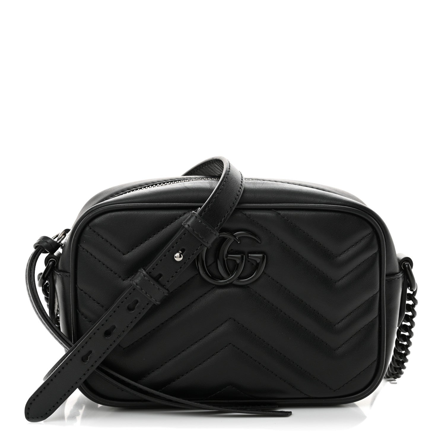 Gucci Calfskin Matelasse Monochrome Mini GG Marmont Chain Shoulder Bag Black 1 of 12