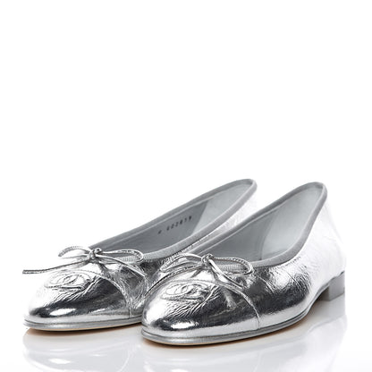 Chanel Metallic Calfskin Cap Toe CC Ballerina Flats 36.5 Silver 3 of 9